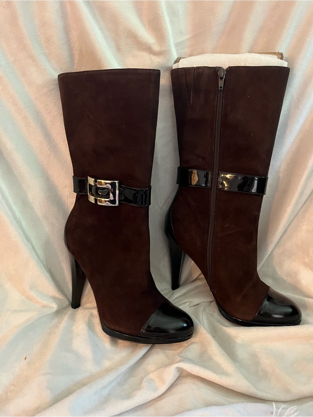 INC International Concepts Brown Suede Mid-Calf Boots with Black Patent Trim
